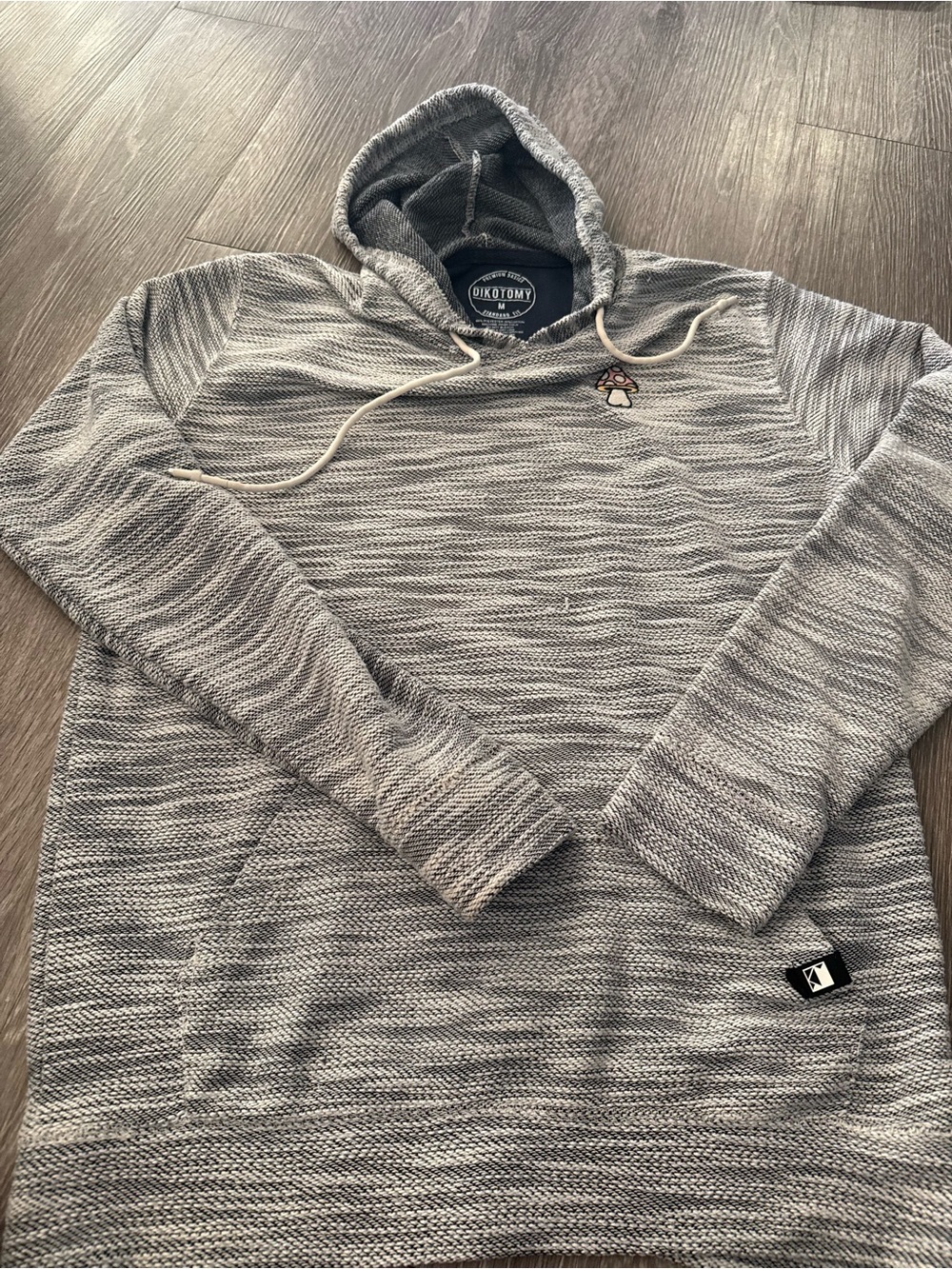 A3021 Dikotomy Grey Space-Dye Knit Pullover Hoodie with Embroidered Mushroom!